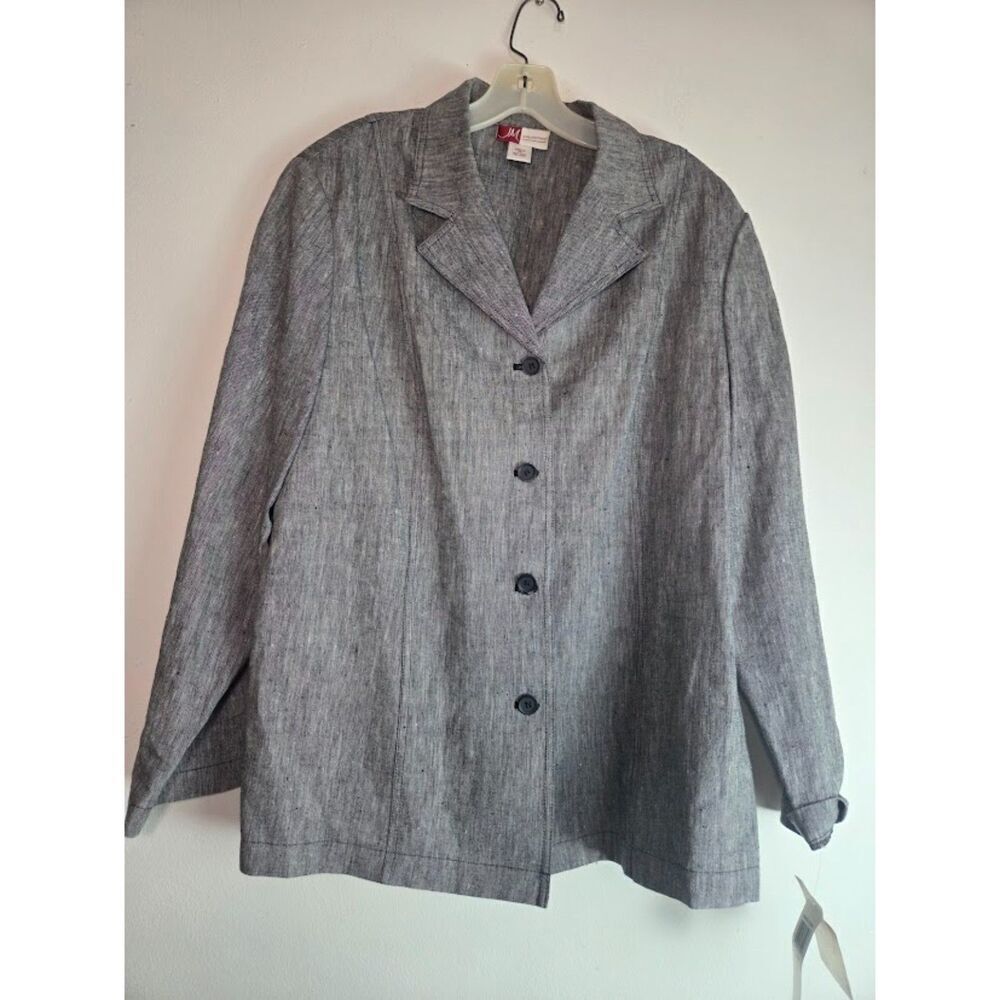 NWT JM Collection Grey 100% Linen Boyfriend Single Breasted Blazer size 16
